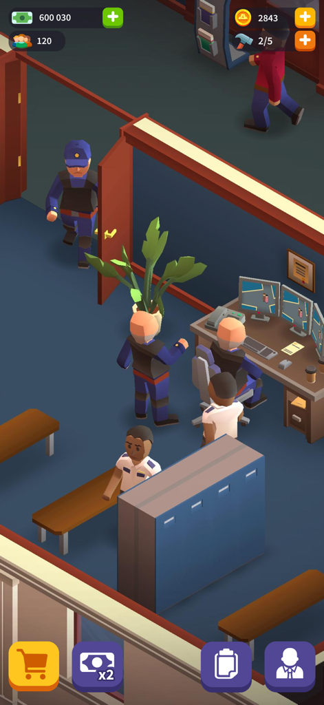 Idle Bank Tycoon - Game Empire - Captura de pantalla del juego de Idle Bank Tycoon que muestra una oficina bancaria con personal y guardias de seguridad