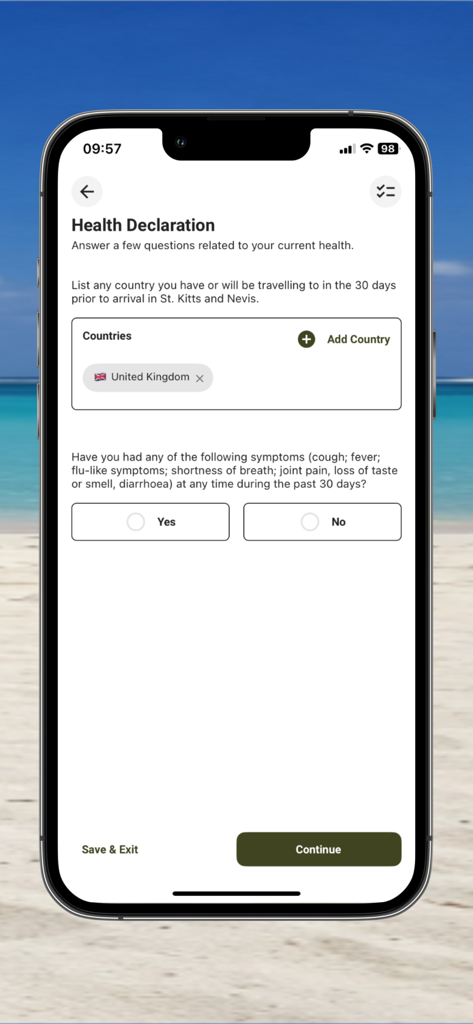 e-Border - St. Kitts & Nevis - The health declaration screen in the e-Border St. Kitts and Nevis app showing a questionnaire for symptoms and travel history.