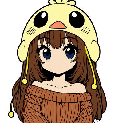anime girl with chick shaped hat with sweater with bare shoulders with bangs covering them one eye with low tail