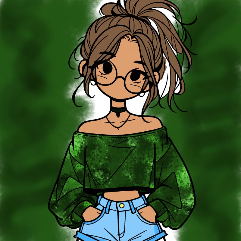 girl with a messy ponytail glasses a baggy crop top and jean shorts