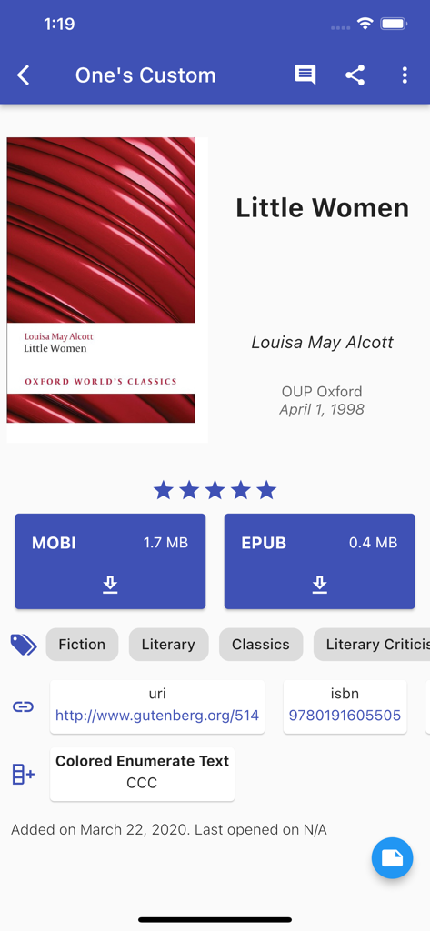 Calibre Sync - Calibre Sync mobile app showing book details for Little Women with MOBI and EPUB download options