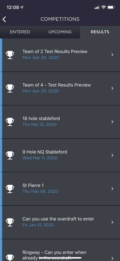 igMember - Golf competition results list in the igMember mobile app