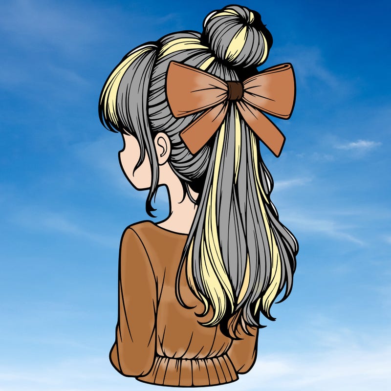 realistic girl  with hip length hair a bun and a big bow on the back of head