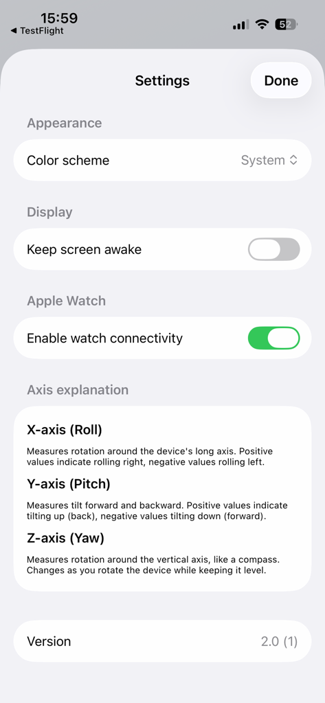 Inclinometer Pro - Inclinometer Pro settings screen showing Apple Watch connectivity toggle and axis explanations for Roll Pitch and Yaw