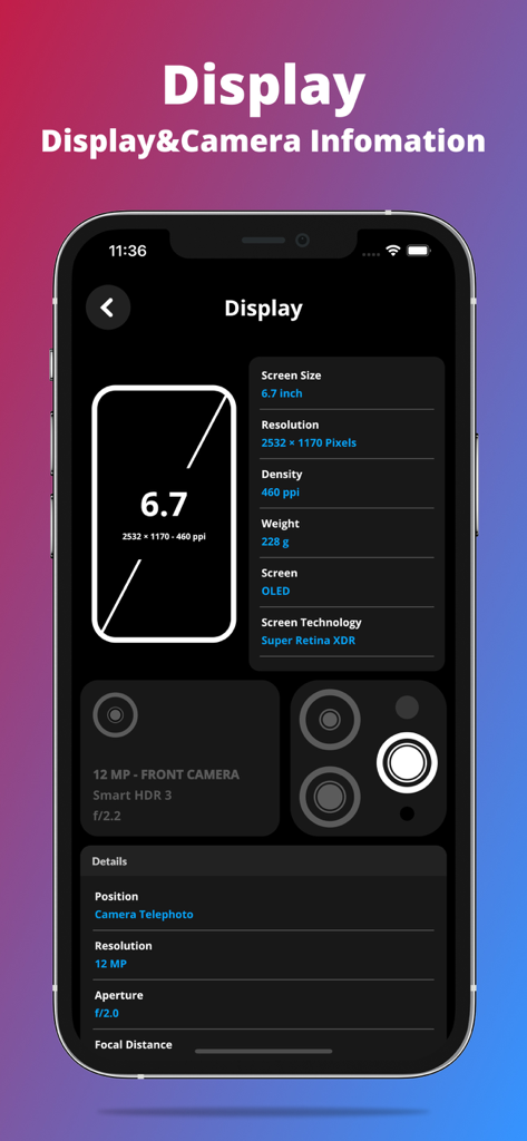 G-CPU:Monitor CPU, RAM, Widget - G-CPU app displaying detailed hardware information for display and camera specifications.