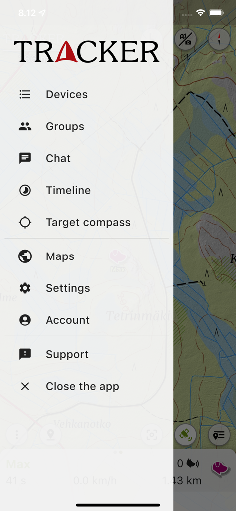 Main side menu of the Tracker app showing navigation and dog tracking options