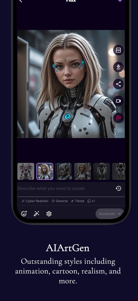 AIArtGen: AI Image/Video Maker - Interfaz de la aplicación AIArtGen que muestra una mujer cibernética realista generada utilizando el modelo de IA Flux