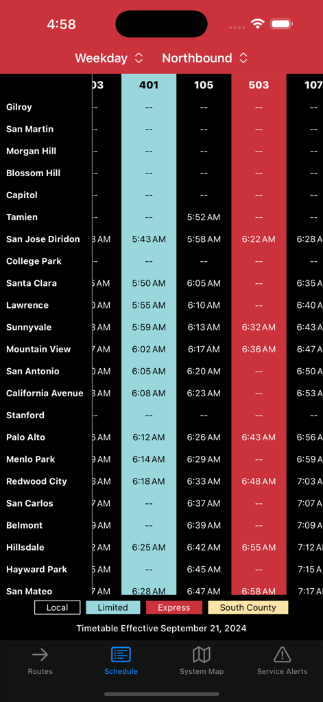 Caltrain+ - Horario de Caltrain entre semana hacia el norte mostrando servicios de trenes locales, limitados y express