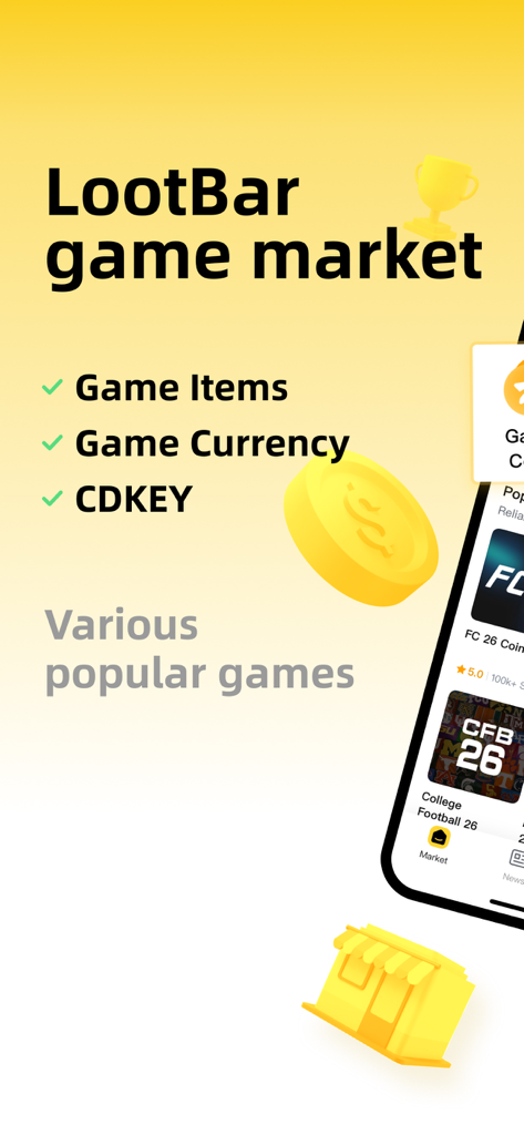 LootBar-Spielmarkt-Oberfläche mit Spielgegenständen, Währung und CD-Keys für beliebte Titel