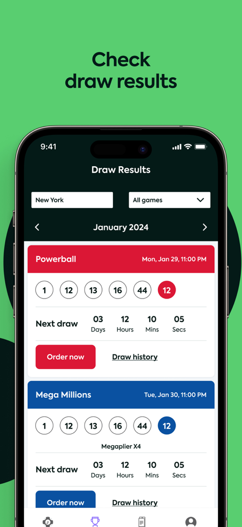 Jackpot Lottery App interface showing draw results for Powerball and Mega Millions