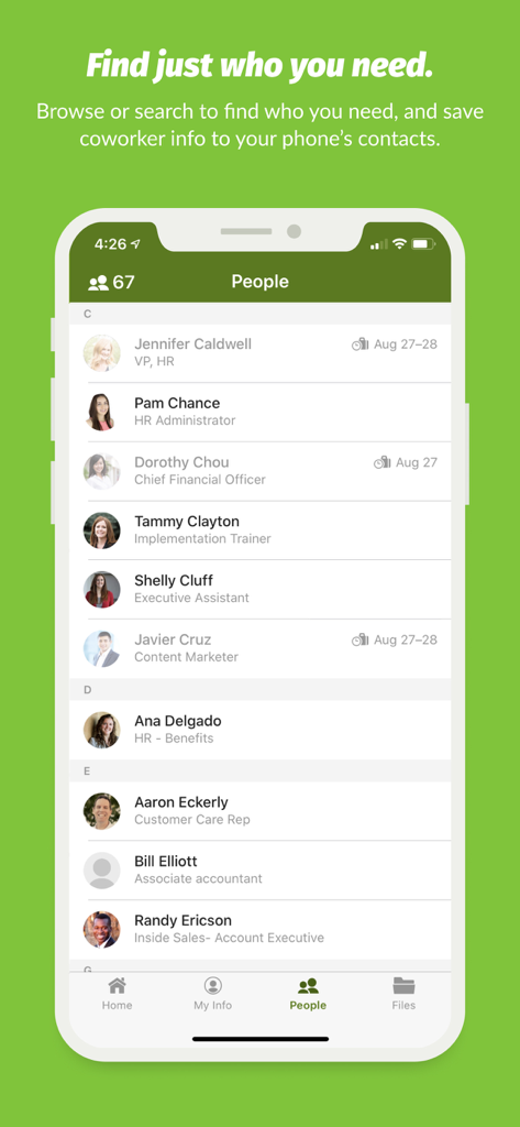 BambooHR - Tela do aplicativo móvel BambooHR mostrando um diretório de funcionários pesquisável da empresa com fotos e cargos
