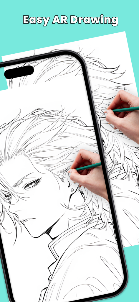 Draw Easy: Learn How To Draw - A person tracing an anime character onto paper using the smartphone AR drawing feature