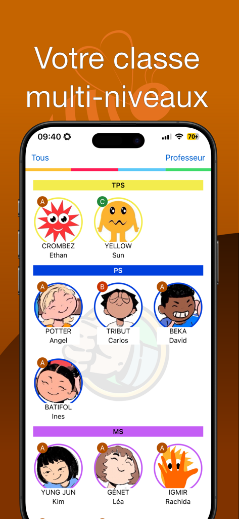 Je valide - Mobile app interface showing a student roster categorized by education levels with individual student avatars