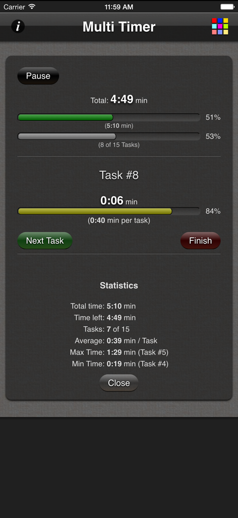 Painel do aplicativo Multi Task Timer mostrando barras de progresso de tarefas e estatísticas de tempo.