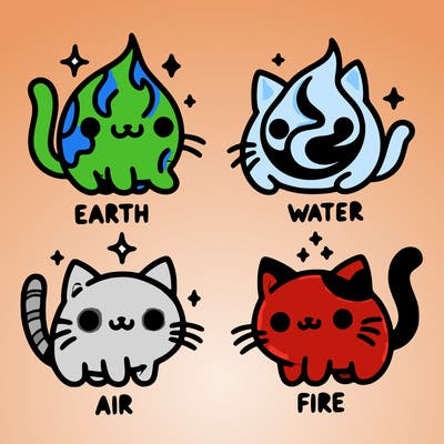 4 cats that represent the different elements, earth, water, air, and fire