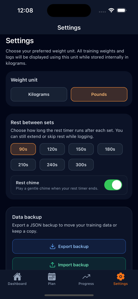 Smolov Squat Tracker - Schermata delle impostazioni dell'app Smolov Squat Tracker che mostra la selezione dell'unità di peso, le durate del timer di riposo e le opzioni di backup dei dati.