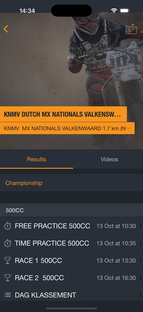 Motocross race results and session schedule on the MYLAPS Speedhive app