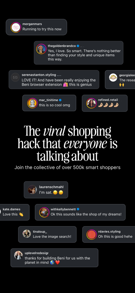 A collection of social media testimonials for the Beni app featuring the text The viral shopping hack that everyone is talking about.