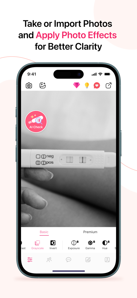 Smartphone app screen showing photo effects being applied to a pregnancy test for better line clarity
