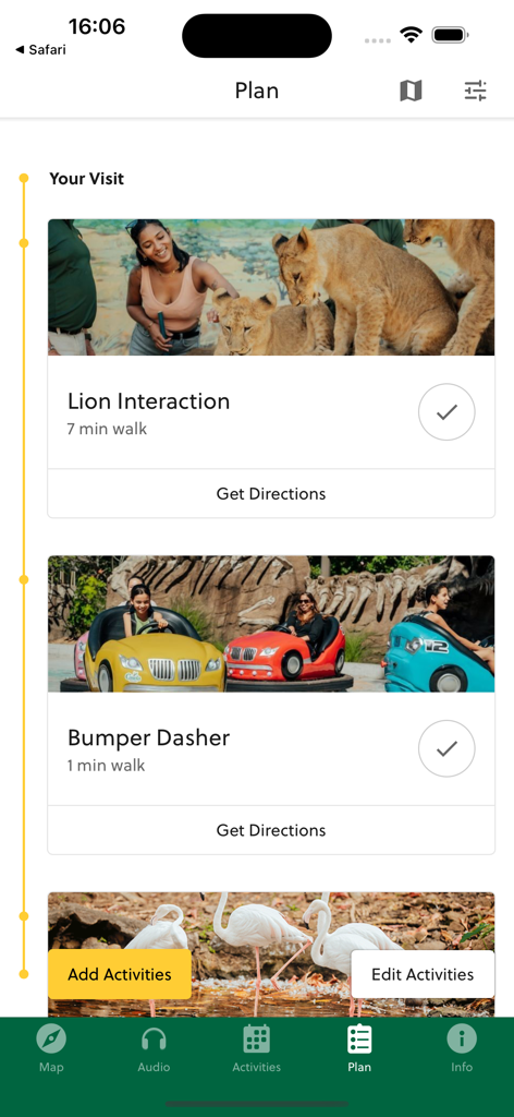 カセラアプリのインターフェース。ライオンとの触れ合いや公園のアクティビティを含む、計画された訪問が表示されています。