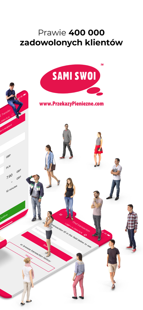 Sami Swoi Przekazy Pieniężne - Sami Swoi money transfer app advertisement with 400000 satisfied customers text