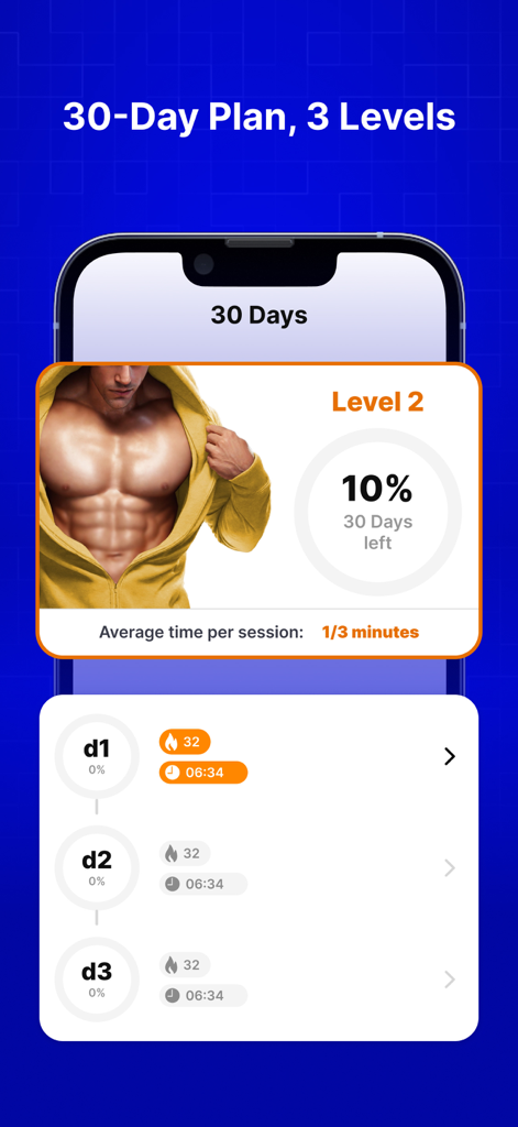 Chest workout app interface showing a 30-day training plan with three difficulty levels and daily progress tracking