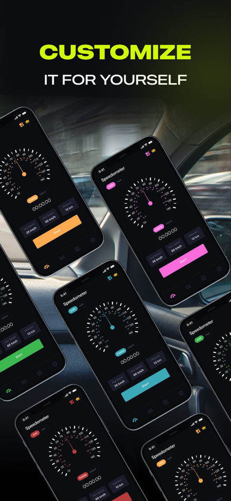 Multiple smartphone screens displaying various color themes for the MPH Speedometer and GPS Odometer app.