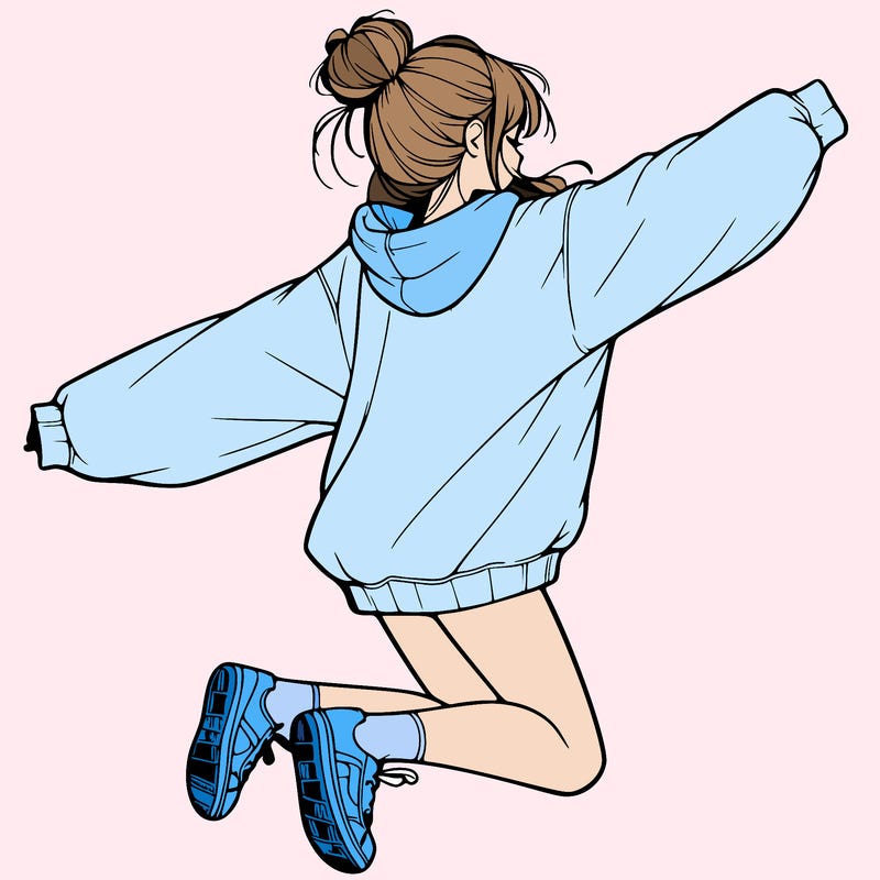 realistic girl jumping with a bun and oversized sweatshirt