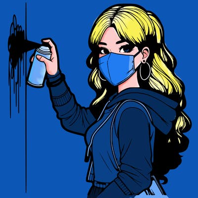 realistic girl with mask spray painting a wall
