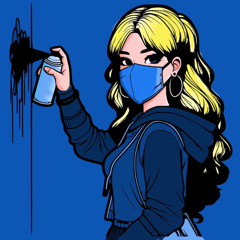 realistic girl with mask spray painting a wall