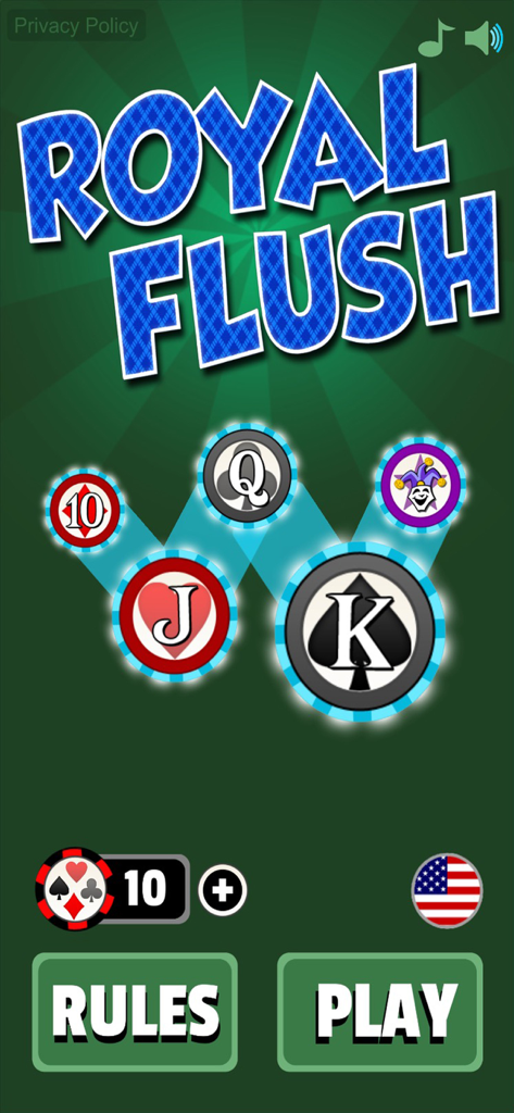 Royal Flush Game - Tela inicial do Royal Flush Game com fichas de cartas e botão de jogar