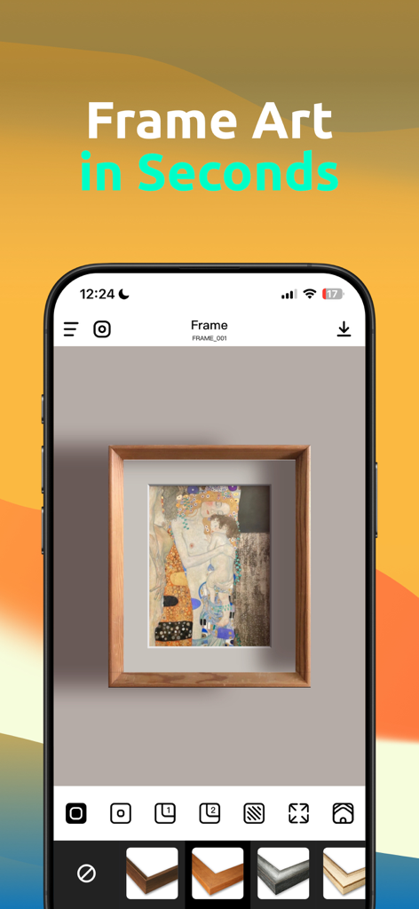 Smartphone screen showing the FrameX app interface with a framed painting and editing tools