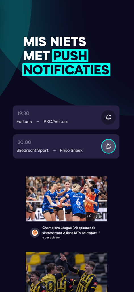 Eyecons app interface showing push notification settings for live sports matches and video highlights.