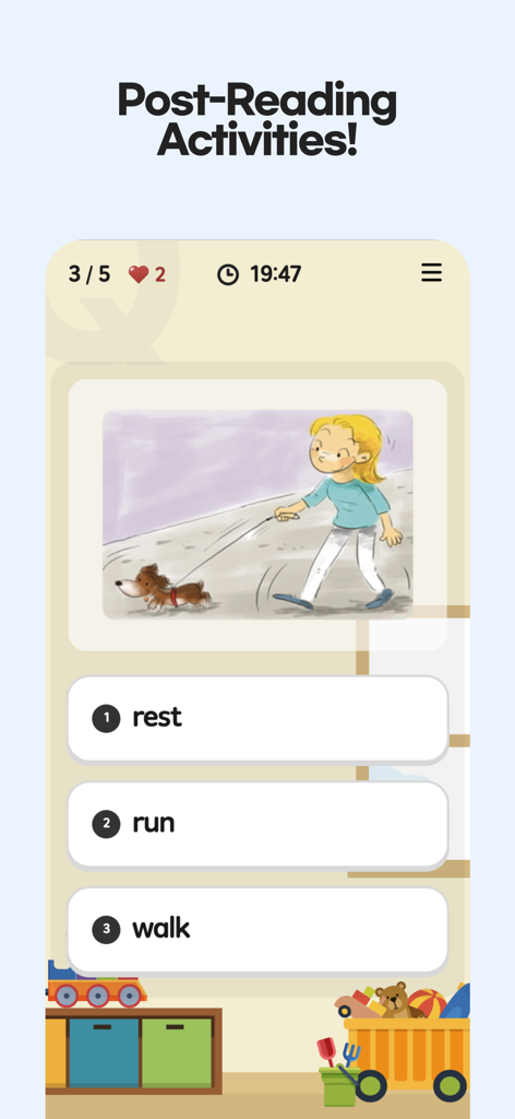 ReadingGate - ReadingGateアプリの読書後アクティビティ画面。子供向けのイラスト付きで、多肢選択式の語彙クイズが表示されています。