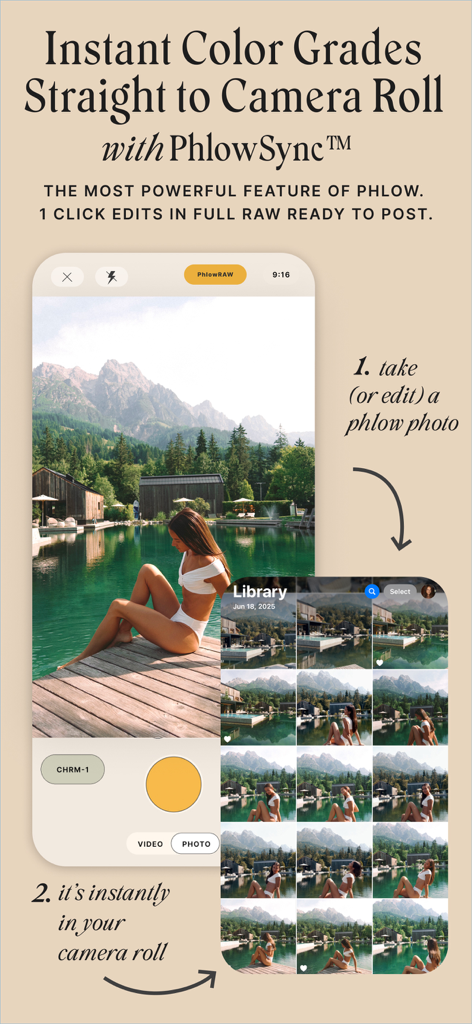Phlow: Camera & Photo Editor - Phlow app screenshot demonstrating the PhlowSync feature for instant photo sync to the camera roll