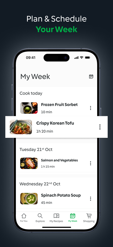 Die Benutzeroberfläche der Cookidoo App zeigt einen Wochenplan mit Rezepten für koreanischen Tofu und Lachs