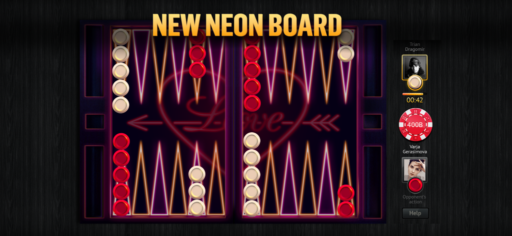 PlayGem Backgammon Live Online - PlayGem Backgammon game interface showing a new neon board theme during a live online match between two players