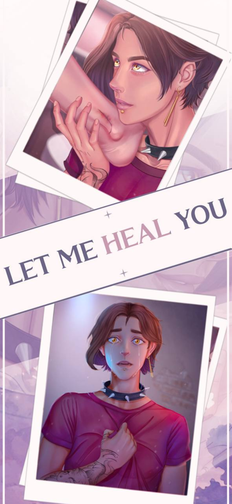 Episode My First Kiss BL Story - Una escena emocional de la novela visual BL que muestra a un personaje con un collar de púas y el texto Déjame Sanarte