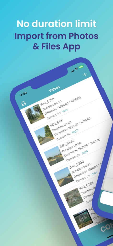 Pantalla de iPhone que muestra la aplicación de conversión de video a mp3 con una lista de videos importados desde las aplicaciones de fotos y archivos para la extracción de audio