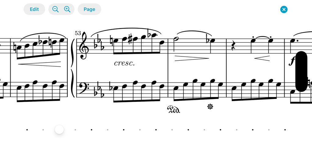 forScore - Close up view of piano sheet music notation within the forScore digital reader app