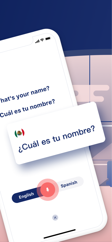 Traductorアプリのインターフェースで、「お名前は？」というフレーズの英語からスペイン語への音声翻訳が表示されている