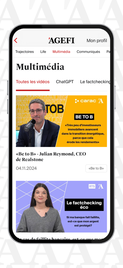L'écran multimédia de l'application AGEFI Suisse affiche des interviews vidéo économiques et des contenus de vérification des faits financiers.