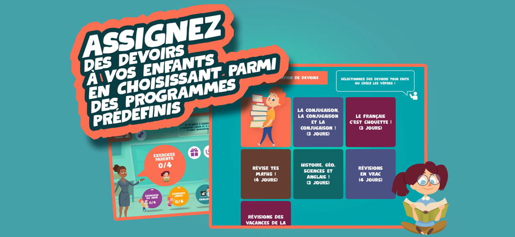Interface of EduKids app showing the parental controls to assign predefined educational homework programs in French, math, and history