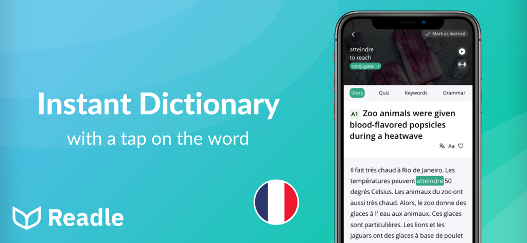 Readle app interface showing the instant dictionary feature with a translated French word in a news article.