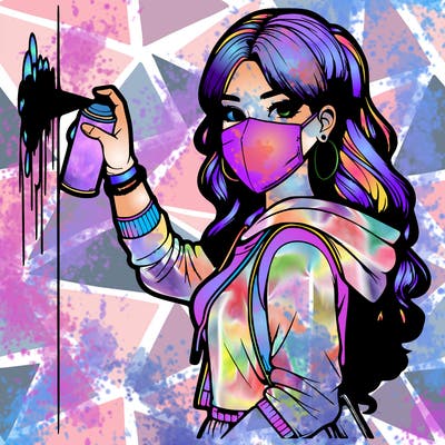 realistic girl with mask spray painting a wall