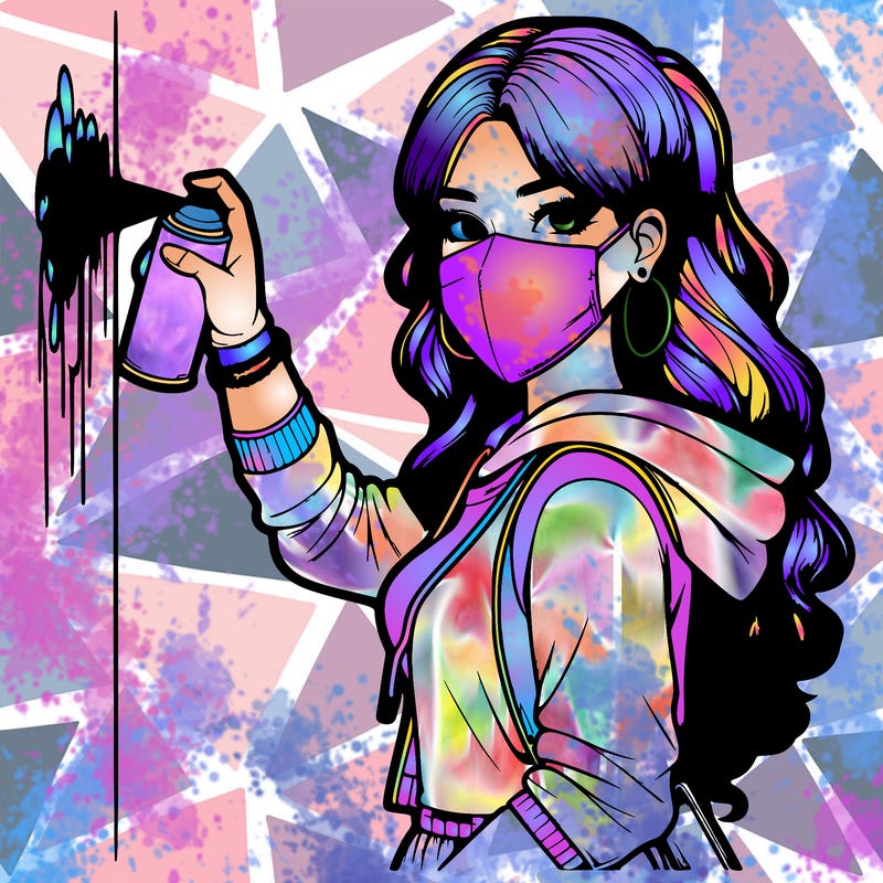 realistic girl with mask spray painting a wall