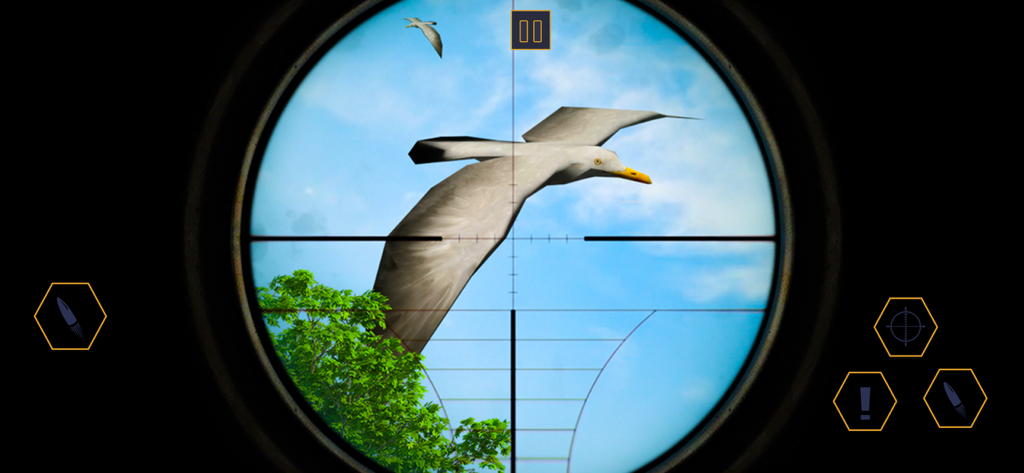 Deer Hunter Animal Simulator - Vista en primera persona a través de la mira de un rifle de francotirador apuntando a un pájaro en vuelo en un juego de simulación de caza