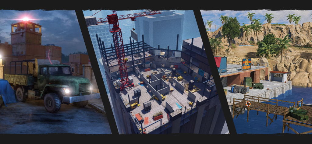 Sniper Army: Shooter Gun Arena - A collage showing three different 3D tactical shooter environments including a military base a construction site and a tropical dock