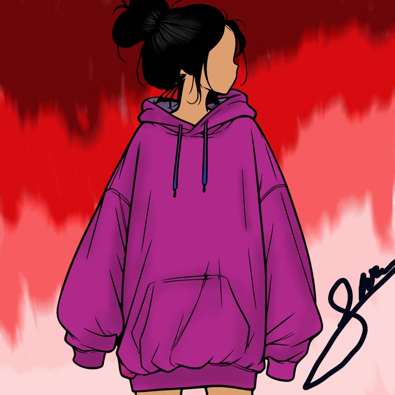 realistic girl with a oversized sweatshirt on and a bun