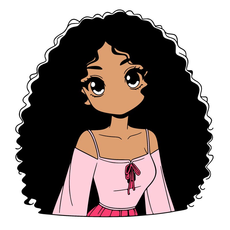 a black anime girl with long afro hair